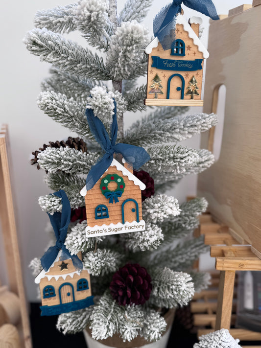 Blue Gingerbread House Ornament Set